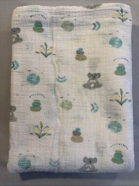aden + anais White Muslin Swaddle Blanket with Teal, Gray & Green Prints
